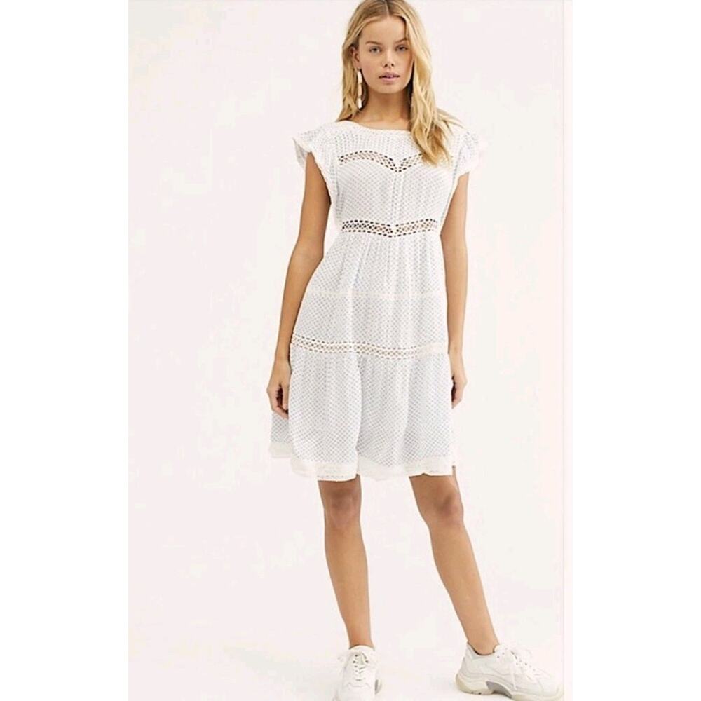 Free People Retro Kitty Crochet Trim Mini Dress Blue White Size XS Cottage Core